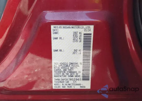 2014 Nissan Altima 3.5 Sl из США, поврежденный, VIN 1N4BL3AP2EC902965